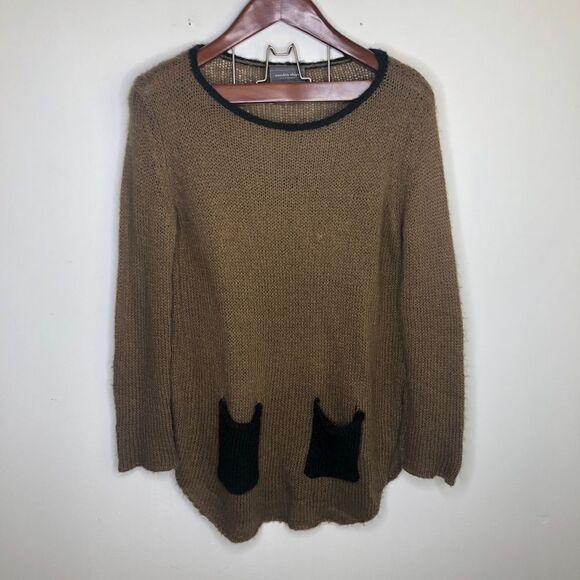 Wooden Ship Brown Knit Pocket Crewneck Sweater S M Small Medium Soft Tan - Picture 2 of 7